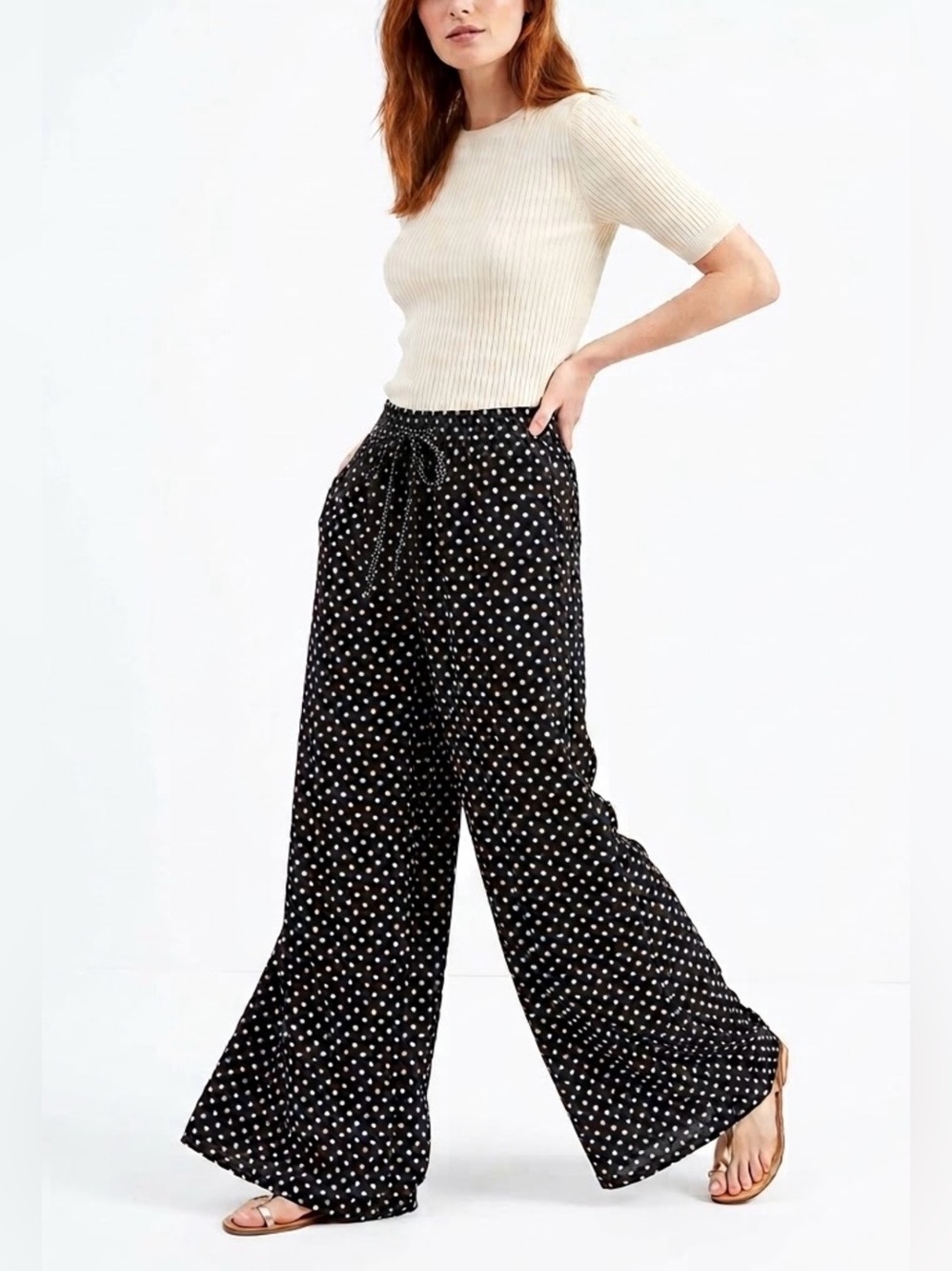 NWT Zara Polka Dot Wide-Leg Pants with Drawstring Waist (Size XS - Fits XS-S)